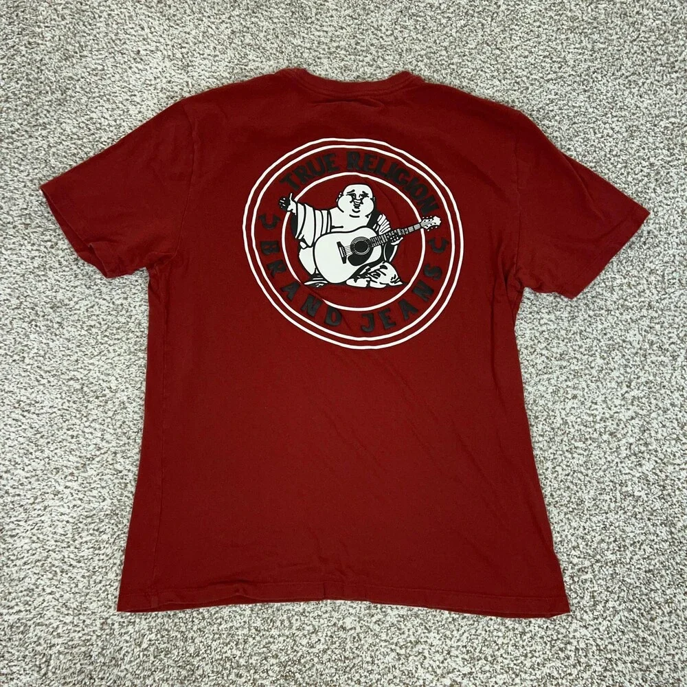 True Religion Shirt Mens Large Red Buddha Graphic Horseshoe Logo Style‎ 106622